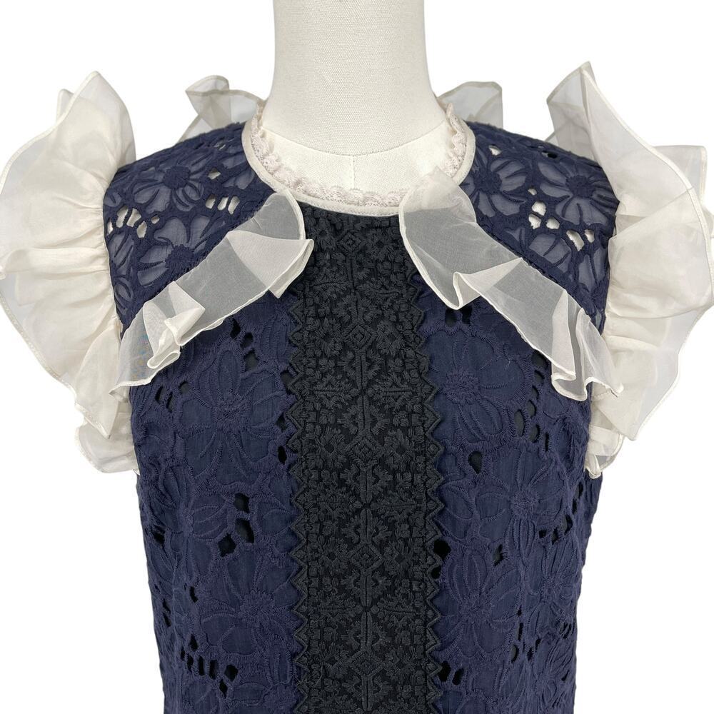 Rebecca Taylor Women's High Neck Ruffle Lace Dress Size 6 Navy Ivory OOAK - Picture 13 of 15